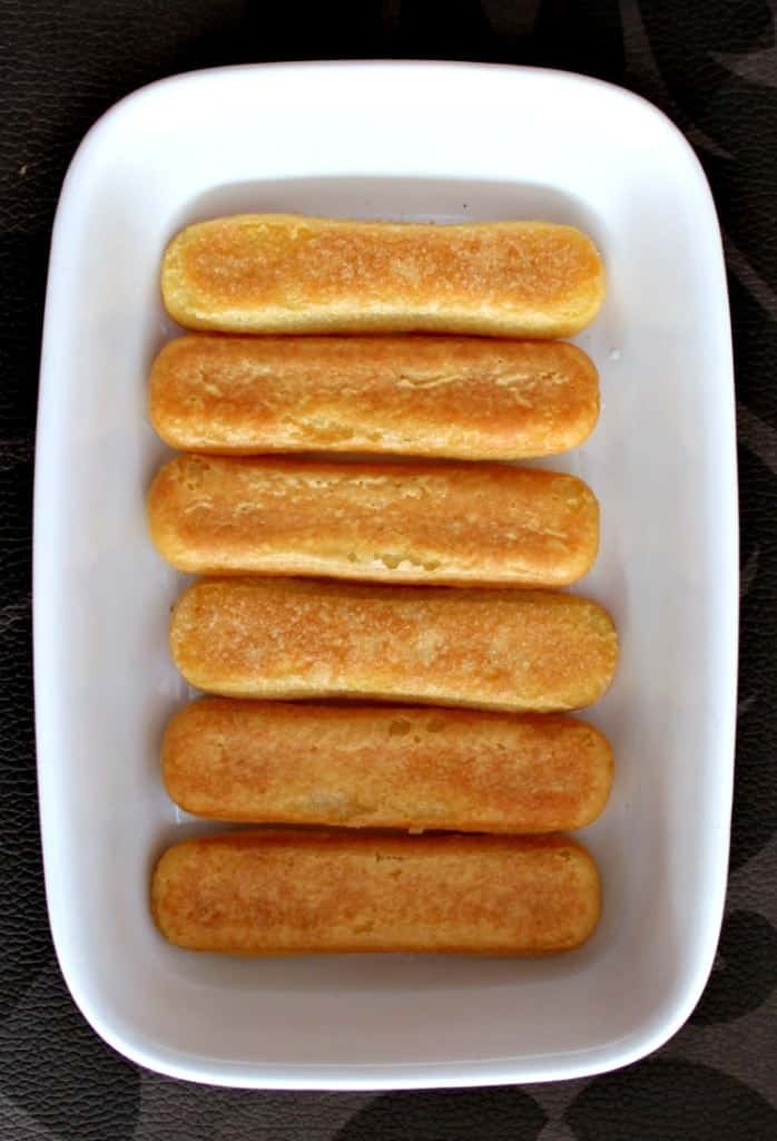 Strawberry Tiramisu, showing lady fingers arranged in dish