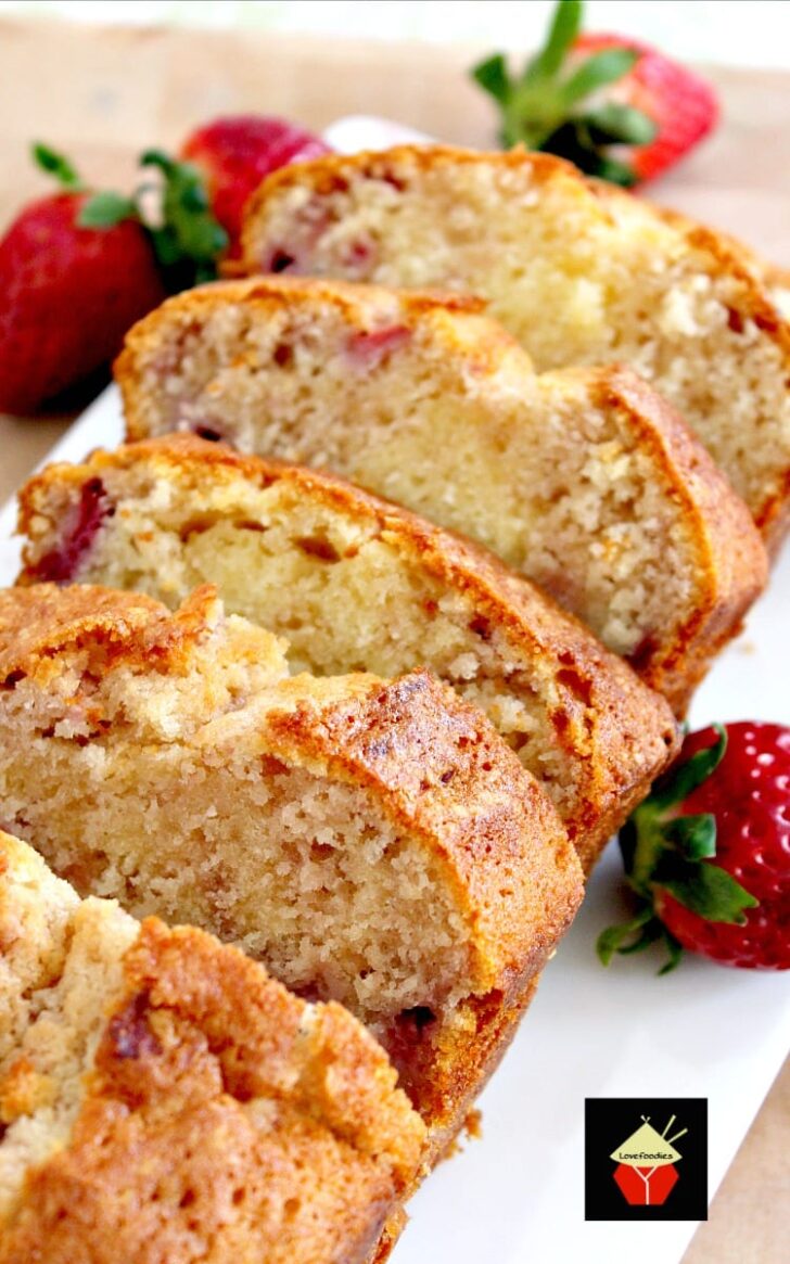 Strawberry Pound Cake. A delicious recipe bursting with fresh strawberries. Soft, moist and perfect with a morning coffee or to take to friends! | Lovefoodies.com