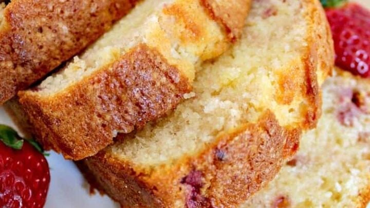 Strawberry Pound Cake. A delicious recipe bursting with fresh strawberries. Soft, moist and perfect with a morning coffee or to take to friends! | Lovefoodies.com