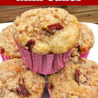 Pecan and Banana Mini Cakes are wonderful soft, moist and full flavored with a great streusel topping. Also nice as a regular loaf size. | Lovefoodies.com