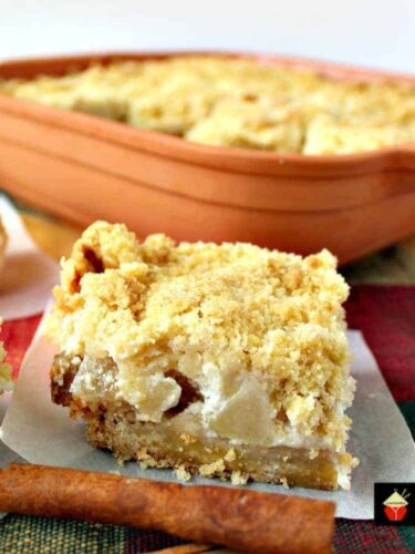 Delicious Apple Crumble Bars. These are absolutely out of this world! Chunks of apple filling on a lovely shortbread base and topped off with a delicious crumble. Really easy recipe too!