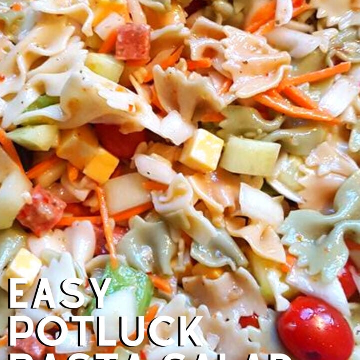 Easy Potluck Pasta Salad Easy Potluck Pasta Salad is a great potluck salad bowl, with olives, cheese, pepperoni, peppers and much more. Easy to transport, by far the best salad to take to a party!