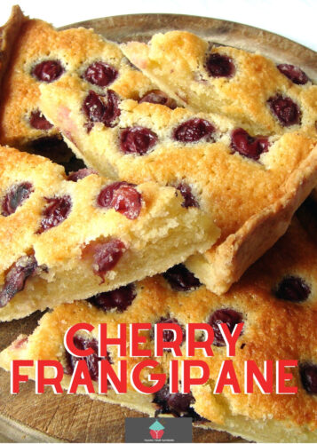 Cherry Frangipane! What a delight to bake and eat. It's a lovely recipe and so full of flavor. The filling is a lovely soft almond cake with cherries on the top, baked in a pastry case. Delicious!