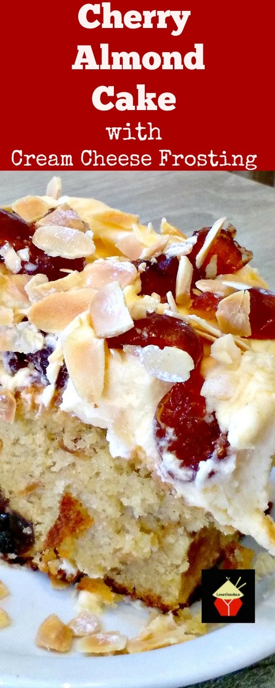 Cherry Almond Cake with Cream Cheese Frosting is a lovely soft cake and great tasting. Perfect for parties too!