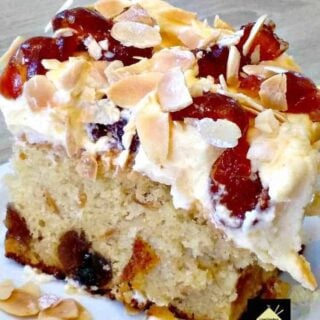 Cherry Almond Cake with Cream Cheese Frosting is a lovely soft cake and great tasting. Perfect for parties too!