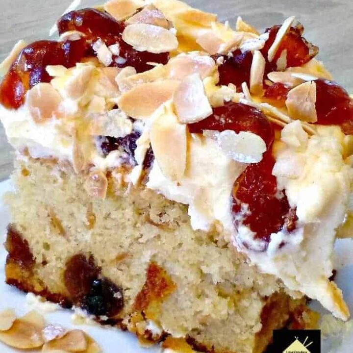 Cherry Almond Cake with Cream Cheese Frosting Cherry Almond Cake with Cream Cheese Frosting is a lovely soft cake and great tasting. Perfect for parties too!