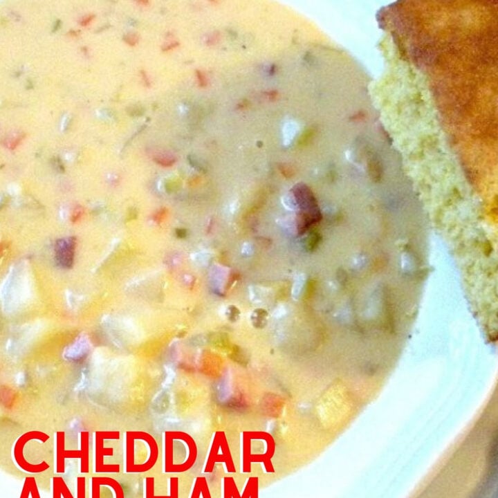 Cheddar and Ham Chowder Prize Winning Cheddar and Ham Chowder is a slow cooked, rich, creamy soup made of ham, cheese, and potatoes. Homemade comfort food, ideal for a cold Winter's night. Delicious served with a chunk of cornbread.