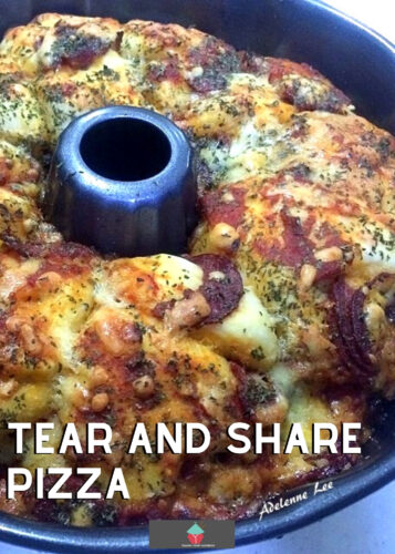 Tear and Share Pizza is a delicious recipe made using biscuit dough, mozzarella, pepperoni and pizza sauce. Simply tear a piece off and pass around with your friends and family