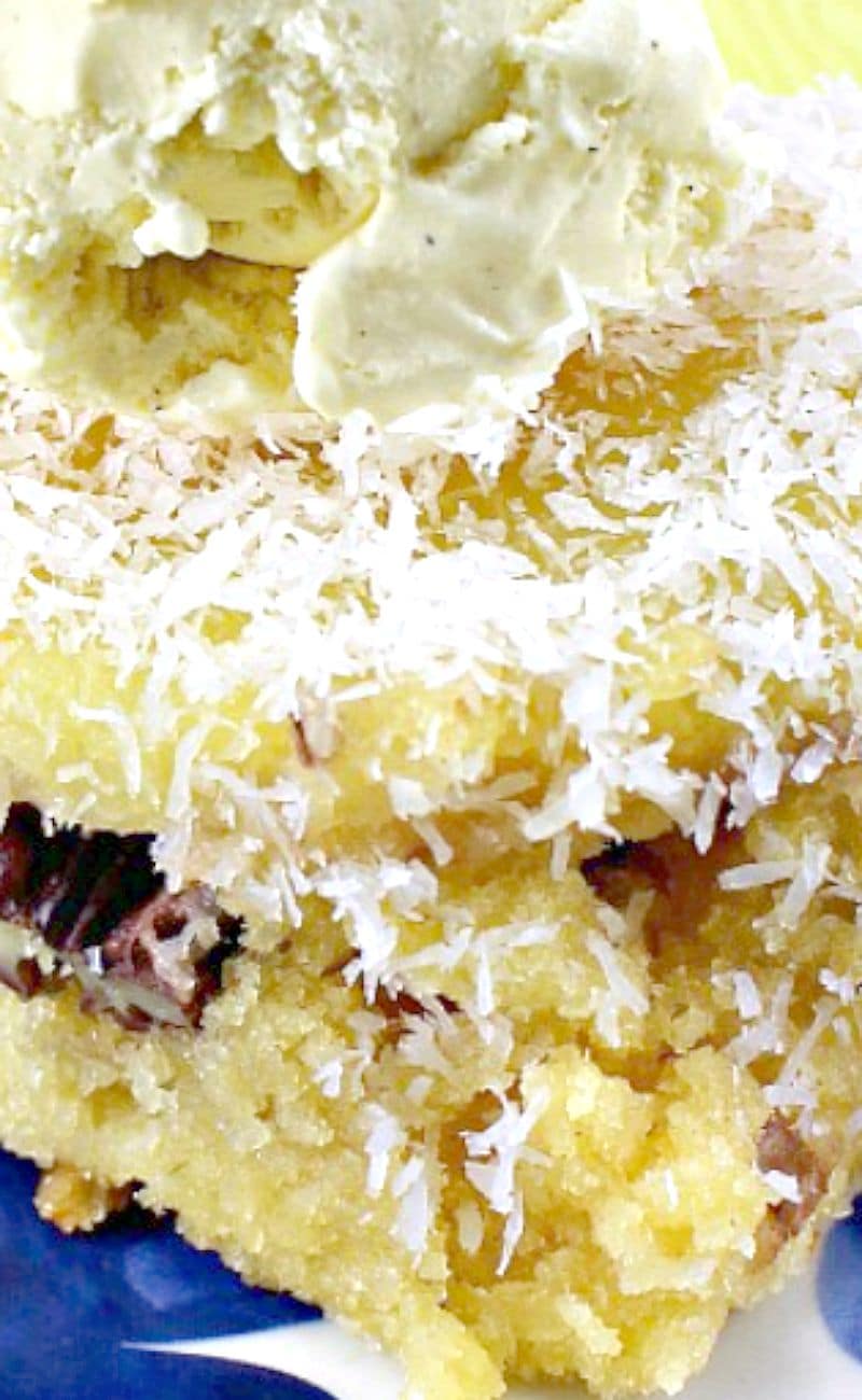 Coconut, Pineapple and Pecan Upside Down Cake! This is a fun pineapple and coconut upside down cake, very easy to make and a great flavor combination. Throw in a handful of pecans too for extra yumminess! Very easy recipe