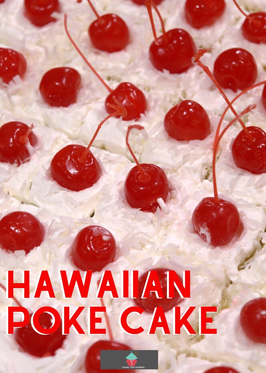 Hawaiian Poke Cake Hawaiian Poke Cake, a delicious soft sheet pan style cake loaded with pineapples, coconut and vanilla with a topping of cherries and walnuts on a cream frosting.