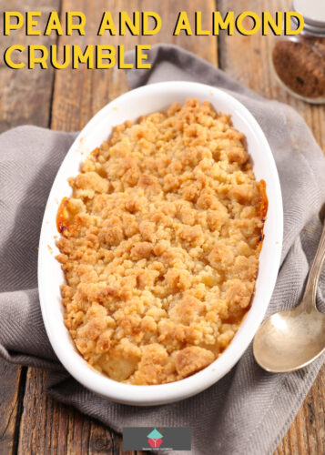 Pear and Almond Crumble. A lovely dessert with a nice refreshing taste, easy to make and great with ice cream or vanilla custard.