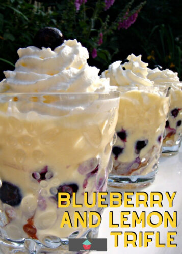 Blueberry and Lemon Trifle. This is just sublime! Layers of fresh Lemon Cake, Creamy Custard and Whipped Cream and of course a generous sprinkling of blueberries throughout. Please enjoy!