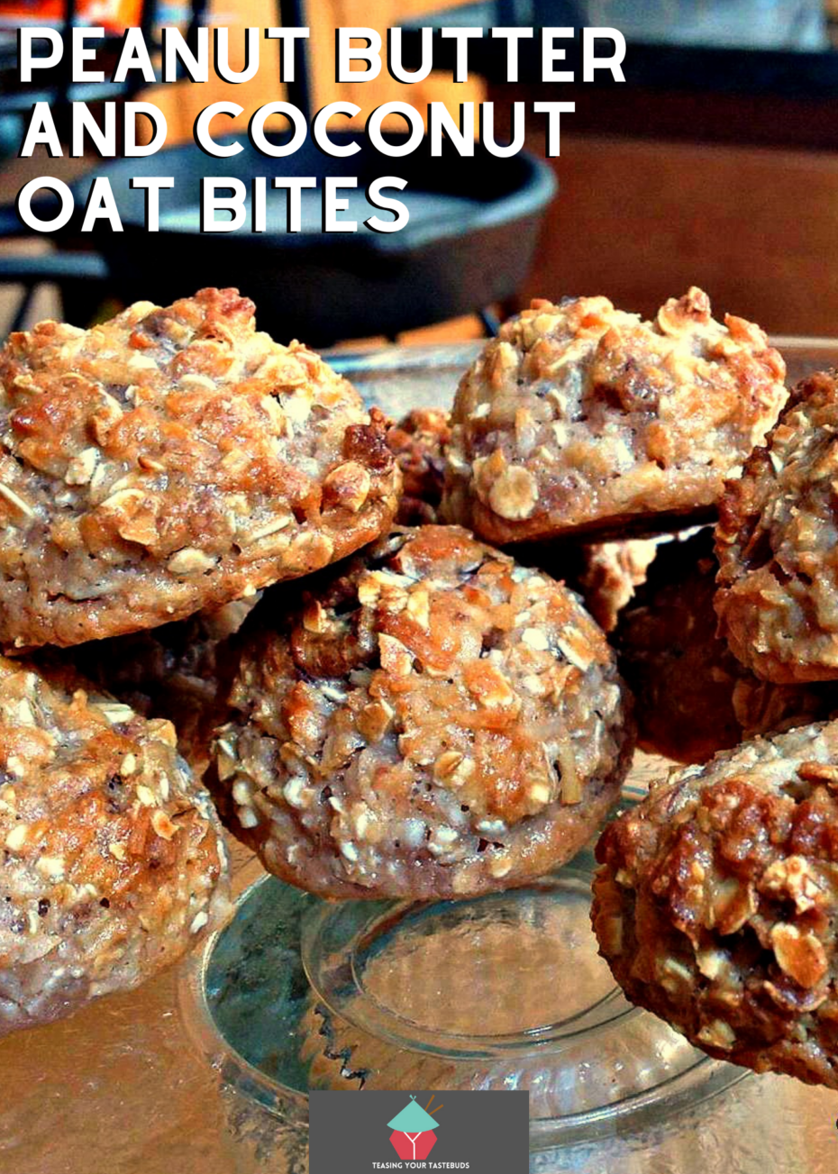 Peanut Butter and Coconut Oat Bites Peanut Butter and Coconut Oat Bites are tasty snacks, packed with peanut butter, coconut, oats, cookies and walnuts! Really easy to make using regular pantry ingredients.