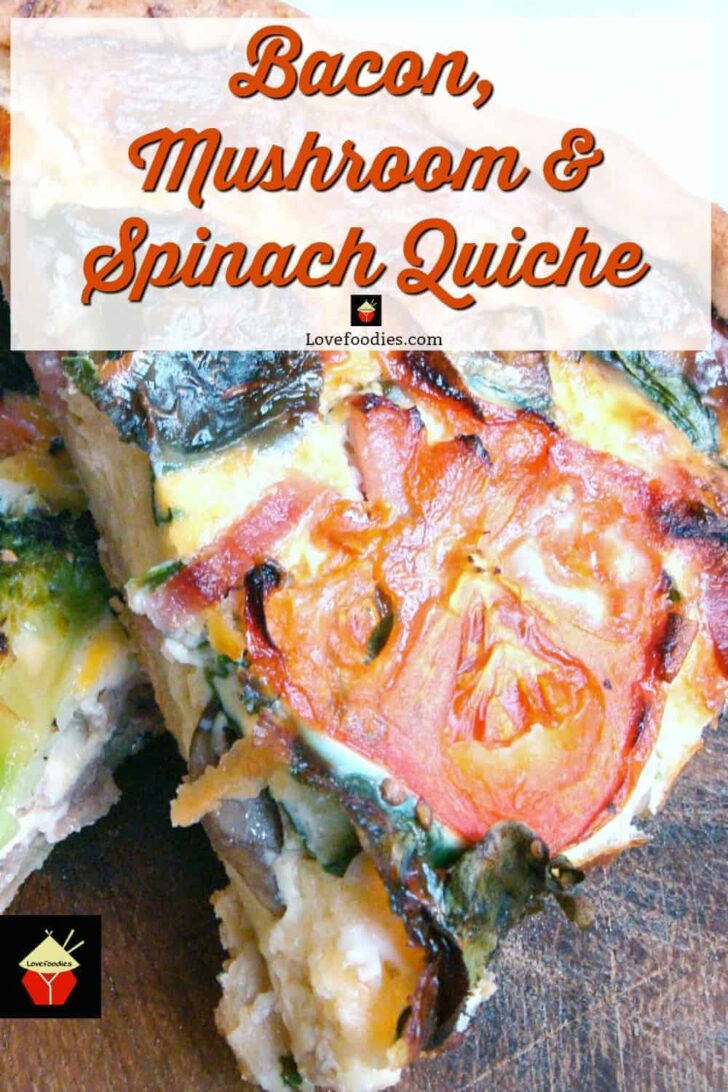 Bacon, Mushrooms & Spinach Quiche, a great recipe suitable for lunches, picnics or dinner!