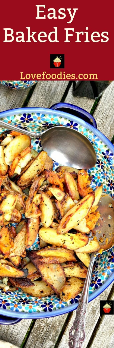 Easy Baked Fries! This is a really easy and delicious side dish, perfect for a snack, parties, BBQ, or a weeknight dinner side dish! Full of flavor and delicious with your favorite dipping sauce! Recipe uses regular potatoes and sweet potatoes for extra flavor and a splash of color to your dish!