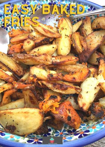 Easy Baked Fries! This is a really easy and delicious side dish, perfect for a snack, parties, BBQ, or a weeknight dinner side dish! Full of flavor and delicious with your favorite dipping sauce! Recipe uses regular potatoes and sweet potatoes for extra flavor and a splash of color to your dish!