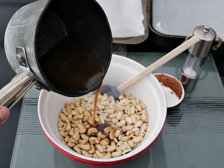 Honey Roasted Nuts, combine honey mixture with nuts Honey Roasted Nuts, combine honey mixture with nuts