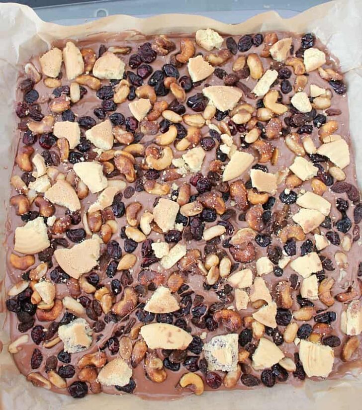 Irish Cream Chocolate Bark, adding remainder of ingredients to chocolate Irish Cream Chocolate Bark, adding remainder of ingredients to chocolate