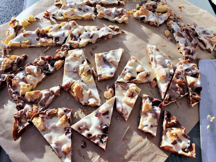 Irish Cream Chocolate Bark 5 Irish Cream Chocolate Bark! A delicious chocolate treat loaded with cranberries, cookies and honey spiced nuts. Perfect for the holidays and great for gifts.