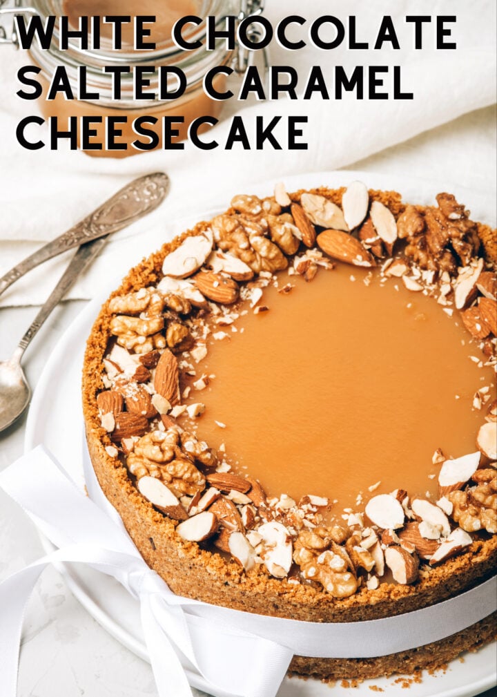 White Chocolate Salted Caramel Cheesecake 5 White Chocolate Salted Caramel Cheesecake is a delicious baked cheesecake, rich and creamy with a white chocolate filling and a salted caramel topping. Easy to make.
