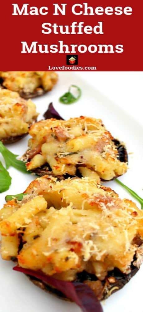 Mac N Cheese Stuffed Mushrooms is so delicious! Easy to make and great for parties or as an appetizer. Baked mushrooms stuffed with a creamy macaroni and cheese filling with bacon too!
