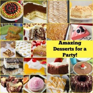Amazing Desserts for a Party! A great selection of easy desserts, suitable for Tailgating, Memorial Day, July 4th, Game Day, picnics, BBQ's, potlucks, outdoor eating, summer food, New Year's Eve buffet, Wedding food and much more!