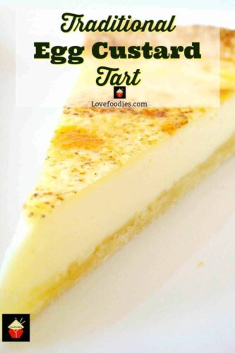 Traditional Egg Custard Tart with a lovely homemade pastry and a very silky smooth filling. Serve warm or chilled. I love mine chilled! You can also make mini ones in a muffin pan if you prefer!