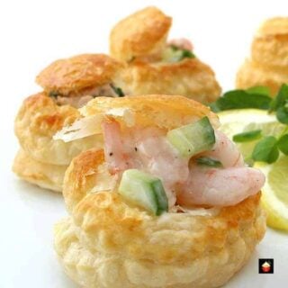 Delicious Shrimp or Salmon Vol Au Vents, Mini Puff Pastry Cups are very easy to make and perfect for parties as canapes, appetizers, and snacks. Perfect to make ahead too!