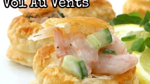 Delicious Shrimp or Salmon Vol Au Vents, Mini Puff Pastry Cups. These are very easy to make and great for parties as canapes, appetizers, and snacks. Perfect to make ahead too!