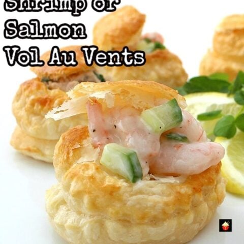 Shrimp or Salmon Vol Au Vents, Mini Puff Pastry Cups Delicious Shrimp or Salmon Vol Au Vents, Mini Puff Pastry Cups. These are very easy to make and great for parties as canapes, appetizers, and snacks. Perfect to make ahead too!