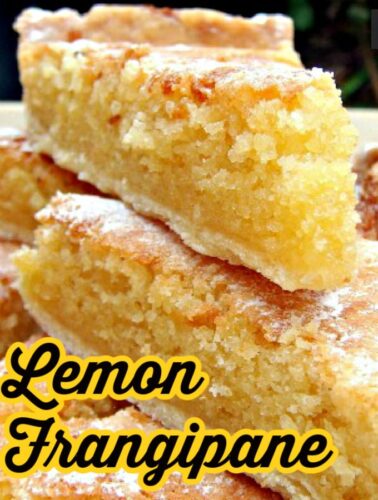 Lemon Frangipane. This is a really nice coffee time cake to make. Goes great with a nice cup of tea! Or you can have as a dessert, warm or cold with a squirt of whipped cream or like me, a blob of vanilla ice cream! It's really yummy! Delicious!