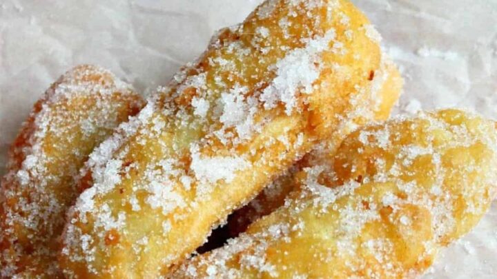 Banana Fritters. These are a lovely crispy treat, serve warm as they are or with some syrup drizzled over or a blob of ice cream! A great way to use up spare or leftover bananas too! Really quick and easy to make dessert.