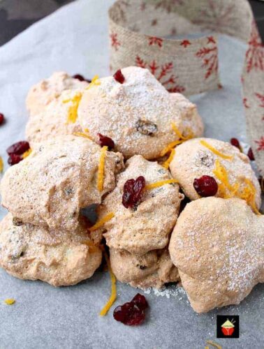 Amaretti Style Cranberry and Orange Almond Cookies. These amaretti-style cookies use minimal flour and have a light airy finish, fit to accompany desserts and drinks light as a feather and fat-free too!