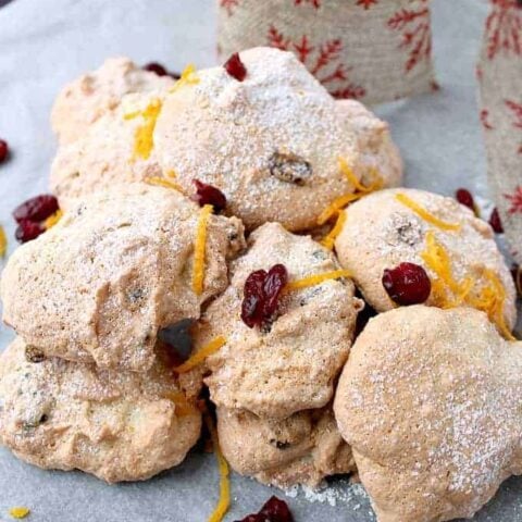 Amaretti Style Cranberry and Orange Almond Cookies 6 Amaretti Style Cranberry and Orange Almond Cookies. These amaretti-style cookies use minimal flour and have a light airy finish, fit to accompany desserts and drinks light as a feather and fat-free too!