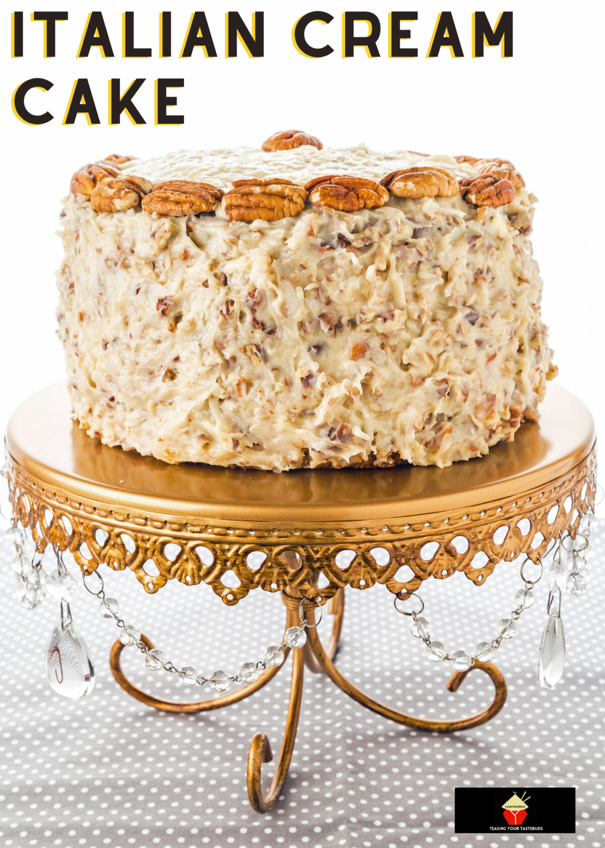 Homemade Italian Cream Cake 5 Italian Cream Cake is a delicious tender made from scratch cake bursting with coconut, vanilla, and pecans, with cream cheese frosting. A perfect celebration cake