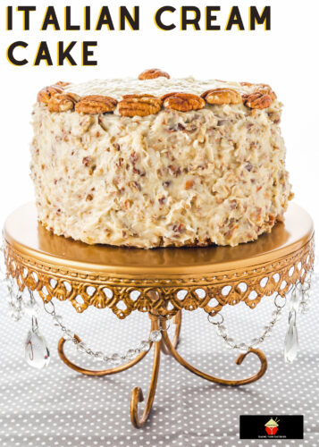 Italian Cream Cake is a delicious tender made from scratch cake bursting with coconut, vanilla, and pecans, with cream cheese frosting. A perfect celebration cake
