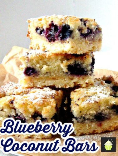Blueberry Coconut Bars. Delicious layers of blueberry and coconut cake on a shortbread cookie base. Easy to make and perfect for snacks or dessert