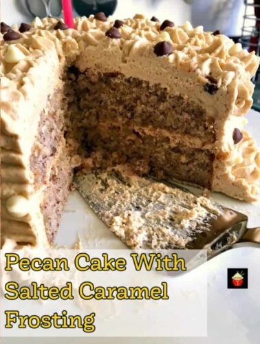 Pecan Cake WIth Salted Caramel Frosting is an easy recipe giving you a soft, fluffy cake and a creamy frosting, perfect for any celebration!