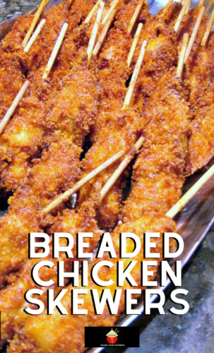 Breaded Chicken Skewers. These are a wonderful little appetizer or party food. Quick and easy to make and juicy to the bite too! Serve warm with your favorite dips. These always go fast at parties so be sure you make plenty!