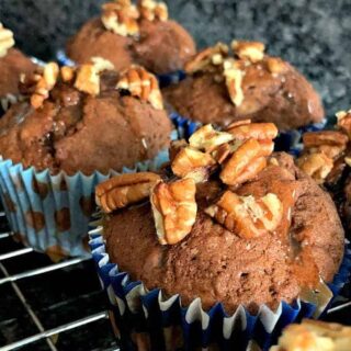 Chocolate Banana Muffins With a Caramel Drizzle Topping. Fluffy, soft and packed with bananas and chocolate. Perfect for breakfast, brunch or snack time.
