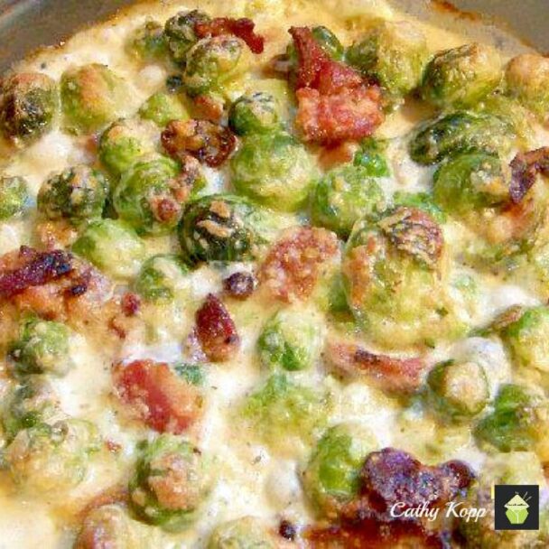 Bacon and Brussels Sprouts Gratin, all baked in a delicious creamy sauce