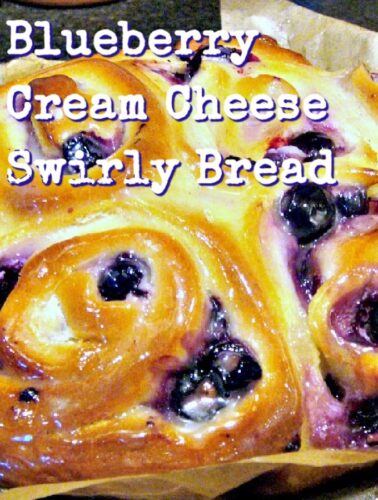 Blueberry Cream Cheese Swirly Bread, made from scratch, easy sweet bread recipe. Soft, sticky, creamy rolls, bursting with juicy blueberries. Perfect for the holiday season