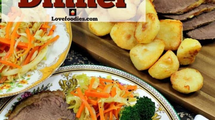 Roast Beef Dinner with cook times for rare, medium and well done. Juicy tender beef served with all the sides!