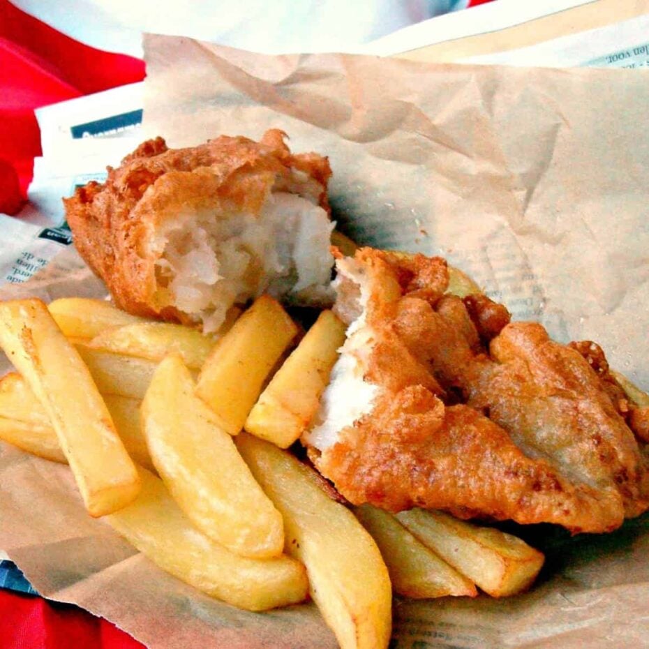 British Beer Battered Fish and Chips The BEST EVER Beer Battered Fish and Chips! Great flavours and don't forget your shake of vinegar and sprinkle of salt!