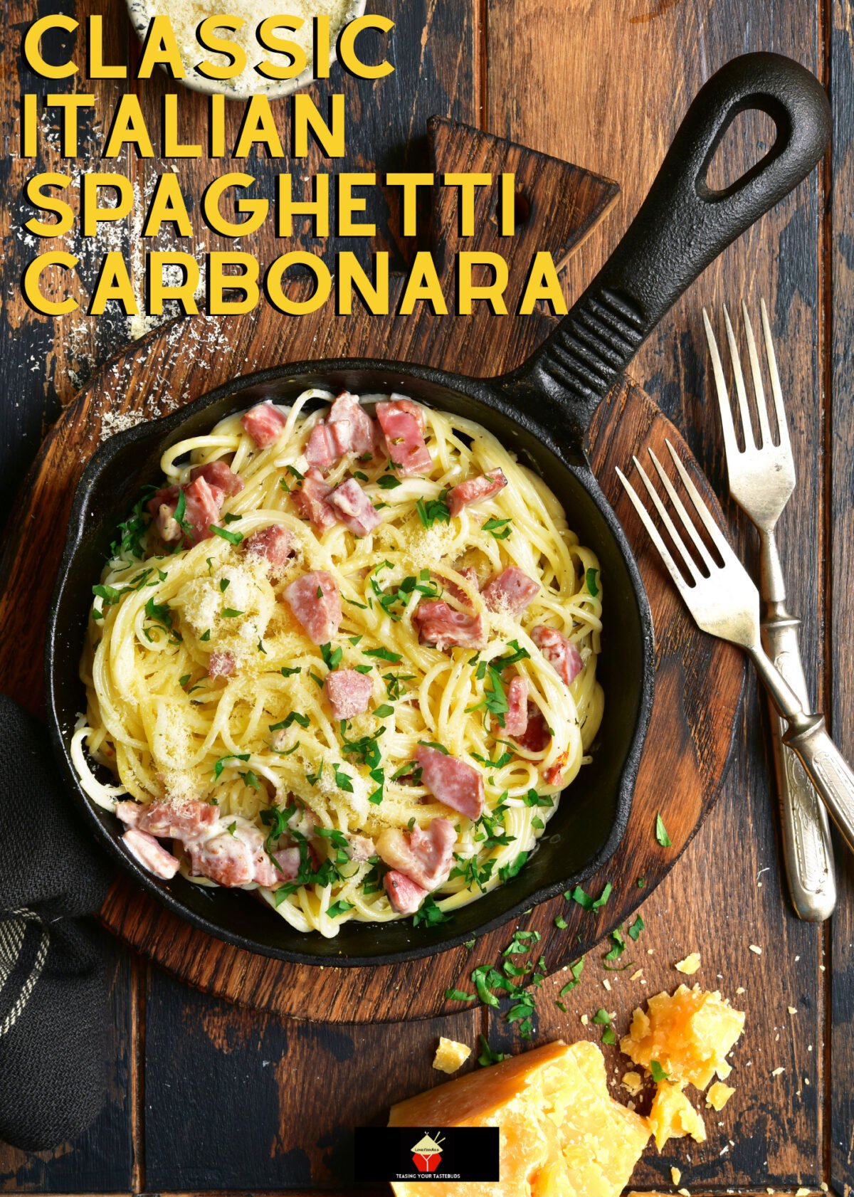 Classic Italian Spaghetti Carbonara. Our best ever traditional carbonara with cheese and bacon. A cheesy pasta dish, easy to make & a family favorite.