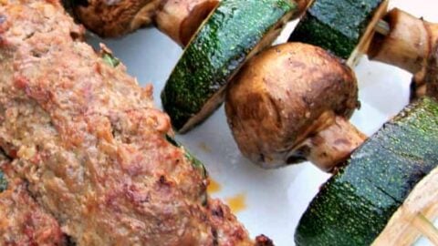 Zucchini and Mushroom Kebabs. A perfect side dish to any BBQ, easy to make with a simple balsamic marinade. Full of flavor, juicy vegetables on a kebab