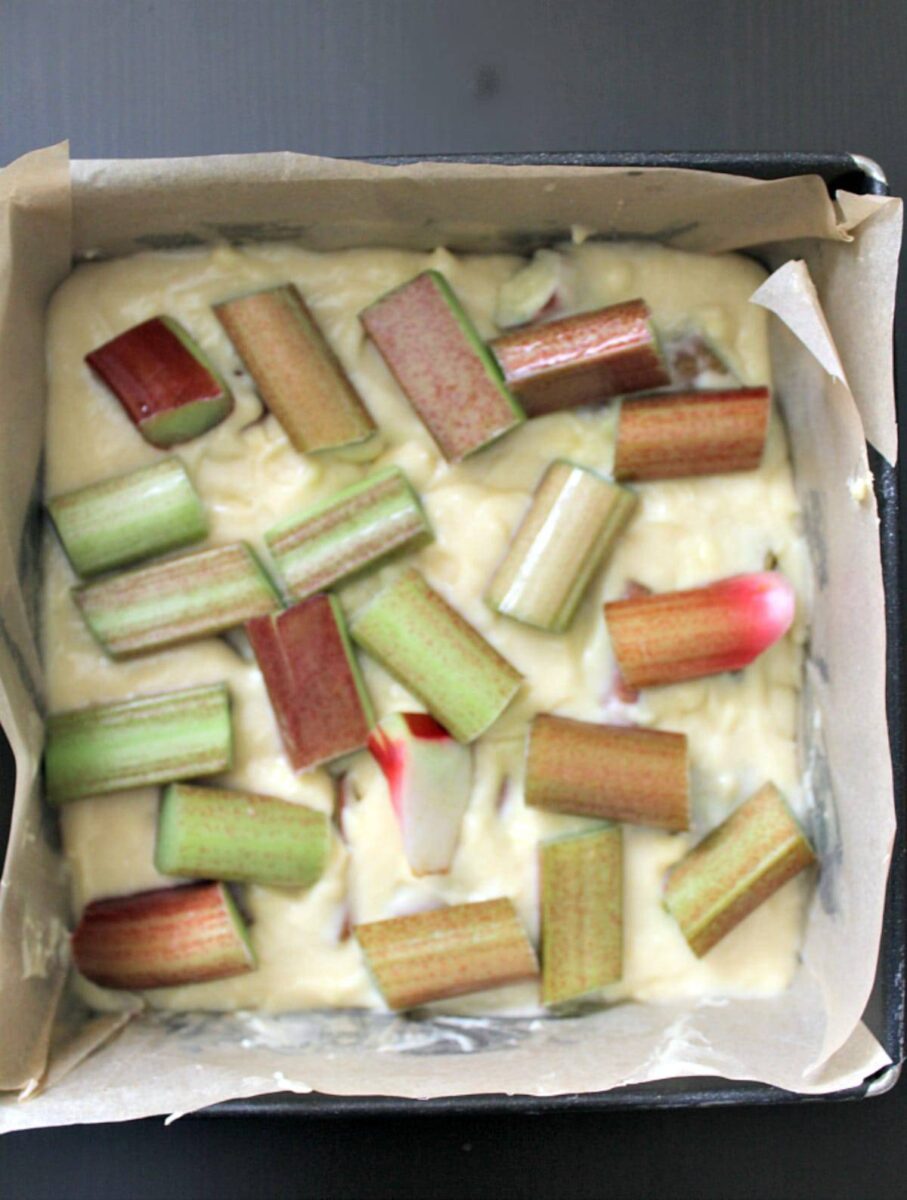 Rhubarb arrangement on cake batter Rhubarb arrangement on cake batter