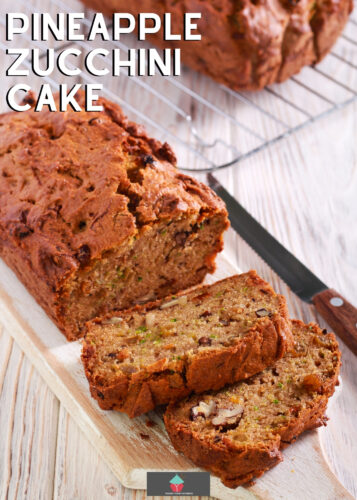 Pineapple Zucchini Cake, a lovely soft cake with shredded zucchini, pineapple, nuts, raisins and spices. Smells fabulous when it's baking! Easy recipe
