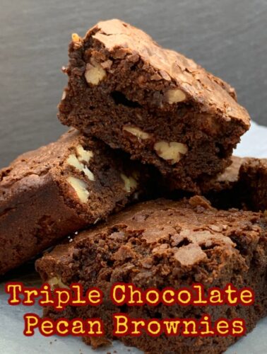 Triple Chocolate Pecan Brownies. These chewy soft brownies have a classic crisp outer, loaded with chocolate and pecan nuts. A sinfully rich chocolate dessert perfect for chocolate lovers
