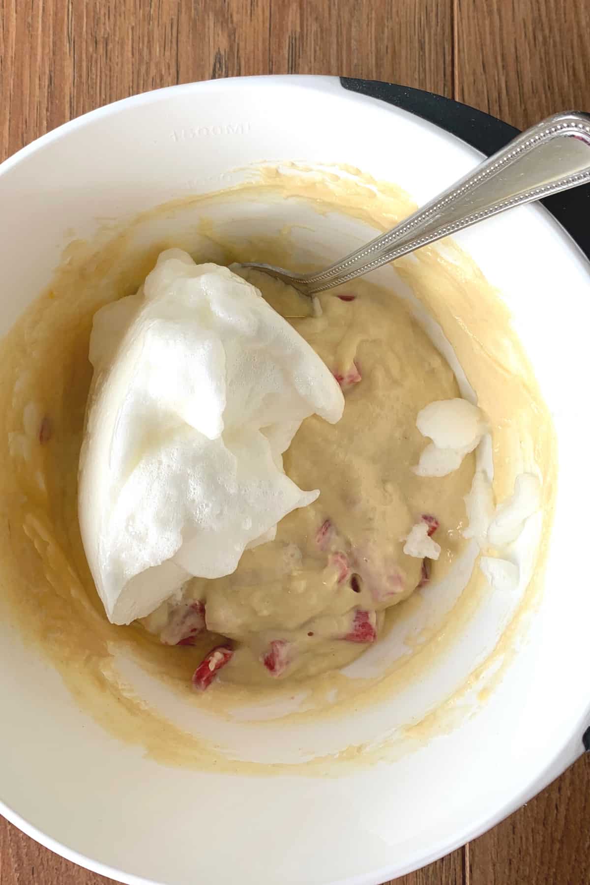 Fluffy Rhubarb Pancakes, adding whisked egg white Fluffy Rhubarb Pancakes, adding whisked egg white